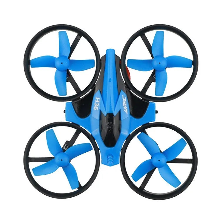 JJRC H36 mini drone in blue with protective fan guard and USB charging line on a white background