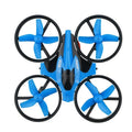 JJRC H36 mini drone in blue with protective fan guard and USB charging line on a white background