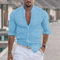 Men's cotton linen jacquard stripe cardigan in white and black stripes, long sleeves, loose fit, button front
