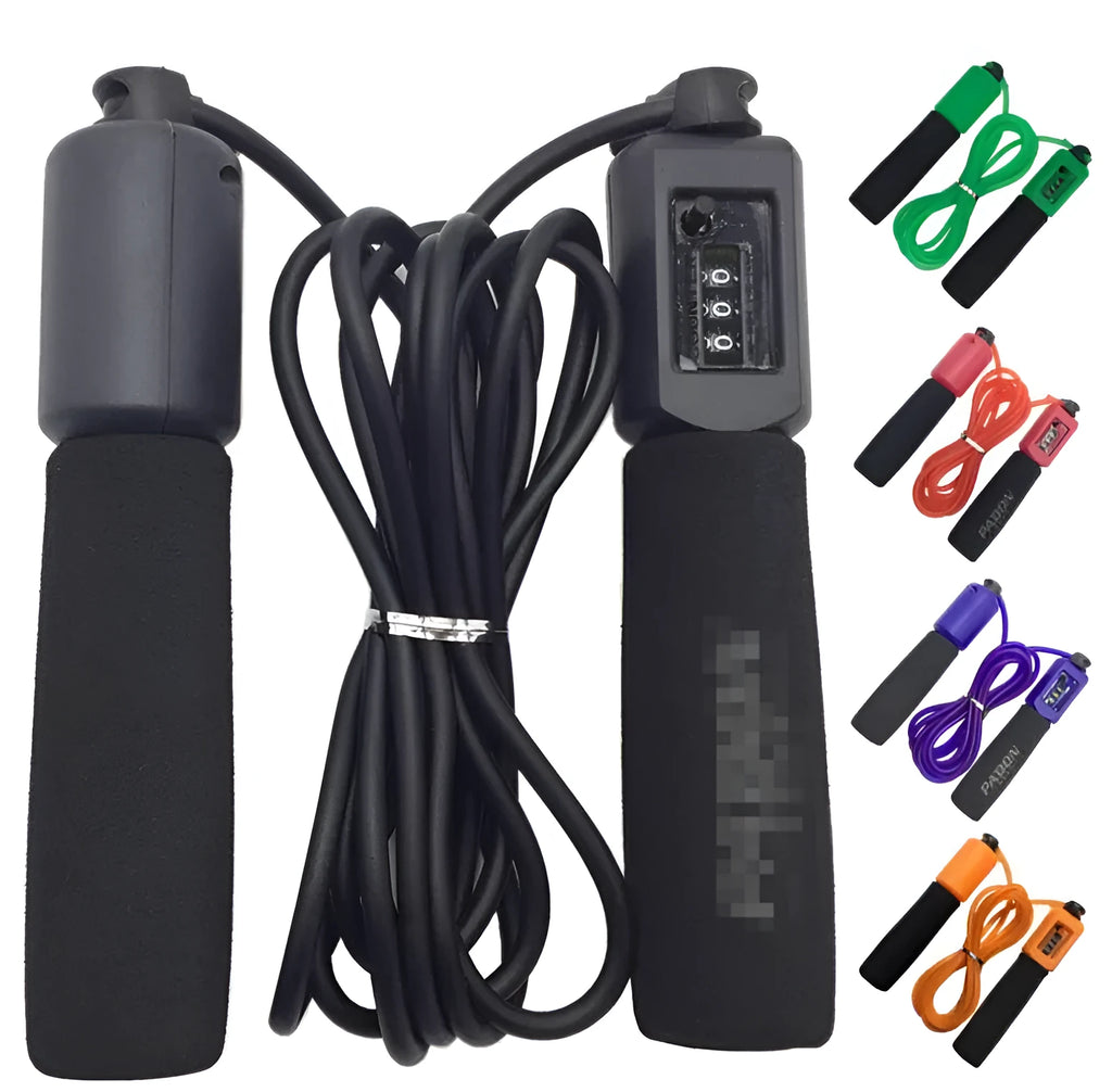 Adult fitness skipping rope with foam handles showing 3 metre PVC rope in multiple colour options