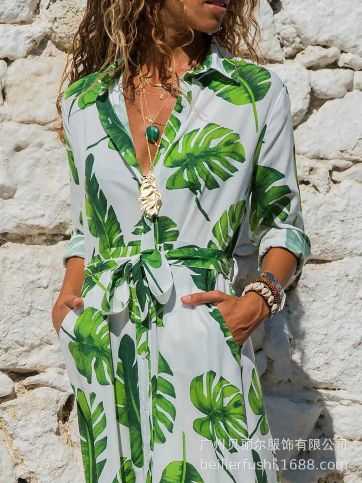 Women's vintage-style chiffon A-line dress with V-neck, high waist, and printed pattern.