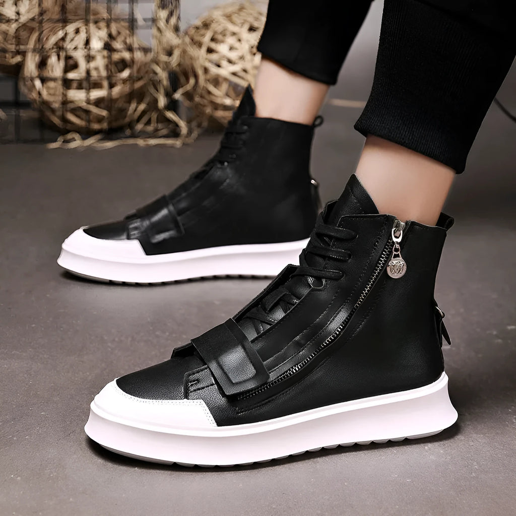 Men's black PU leather winter ankle boots in a high-top sneaker style on a white background.