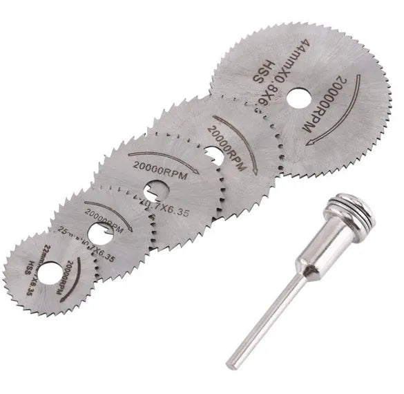 Six circular saw blades with mandrel, high-speed steel construction for woodworking