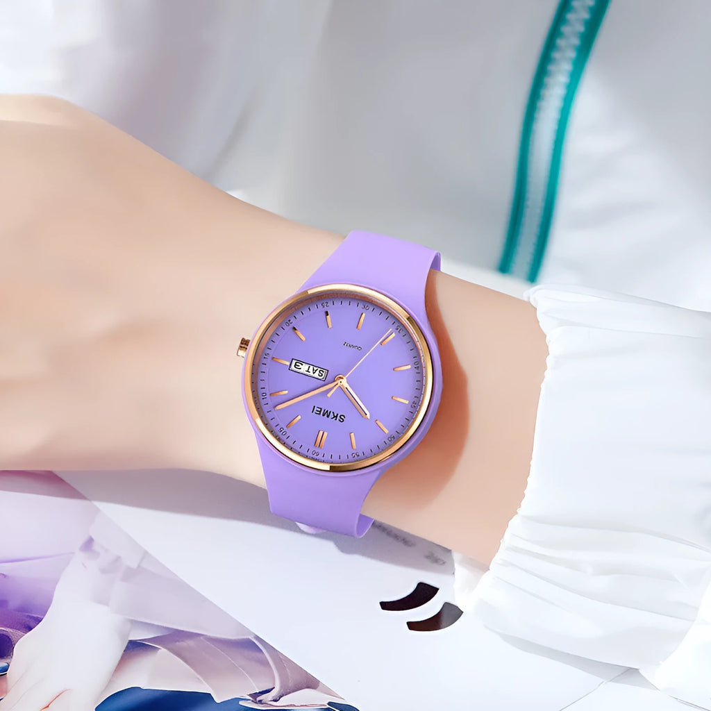 Women's quartz watch with silicone strap in multiple colours showing 42mm dial