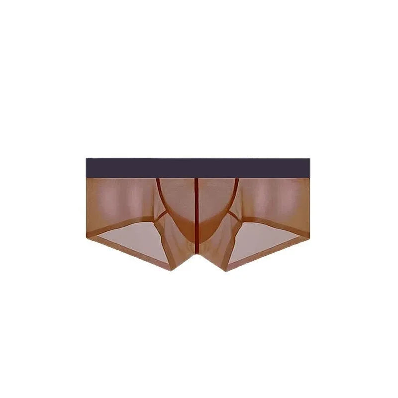 Men's seamless ice silk low waist underwear in solid colours on a size chart.