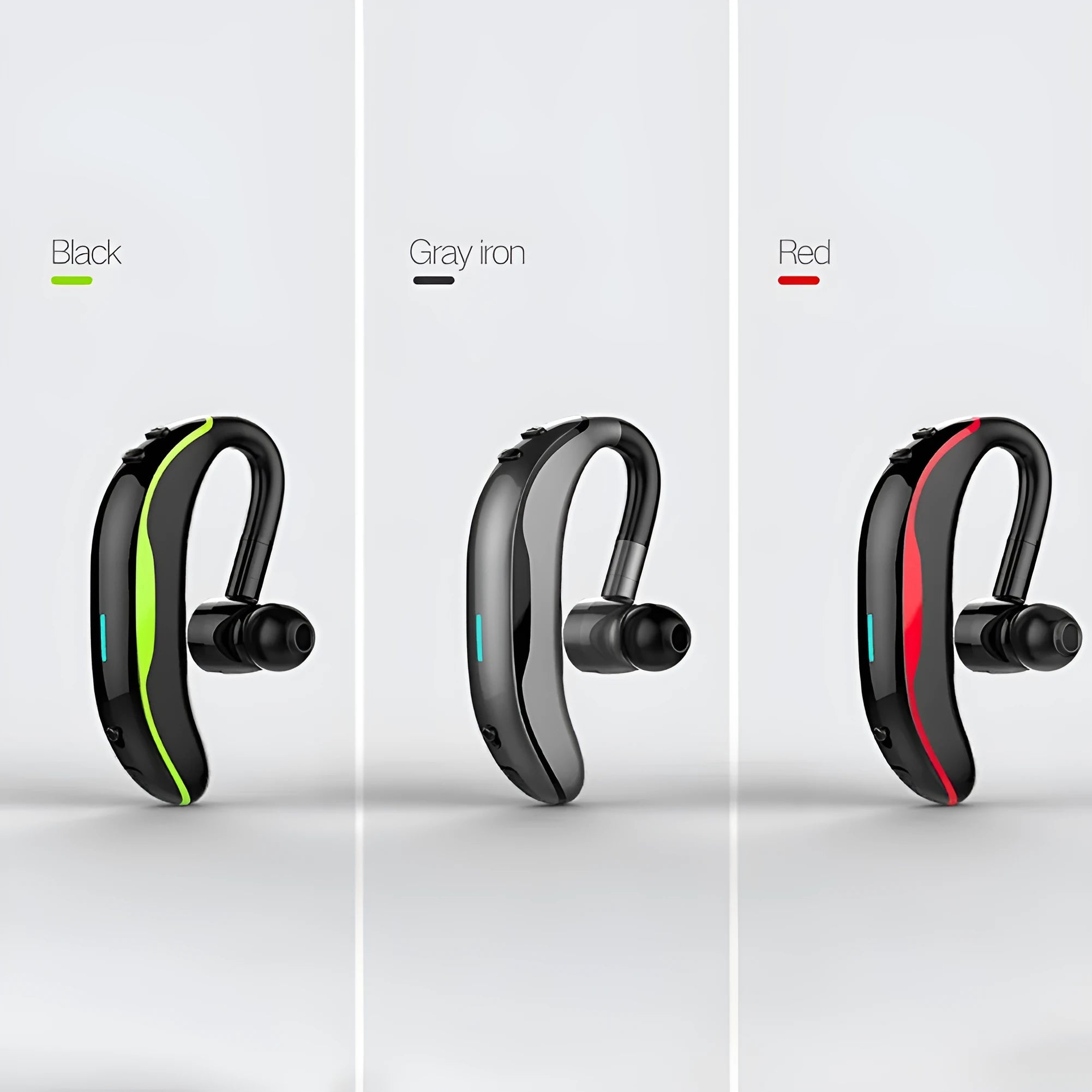 Wireless Bluetooth waterproof headphones in grey, green, and red colours for sports and active use