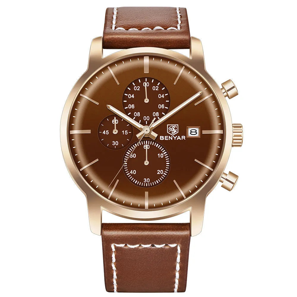 BENYAR binya multifunctional timing watch with genuine leather strap, 43mm dial, 3ATM water resistant