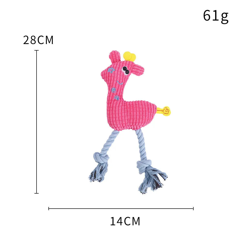 Blue deer shaped plush dog toy with corn grain texture and squeaker sound for pets