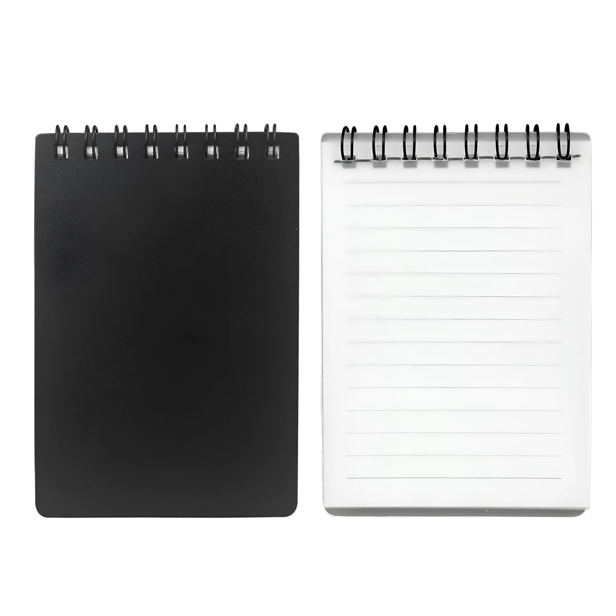 Business intelligence notepad with black and white transparent PP covers, spiral binding, eco-friendly paper, pen, and rag
