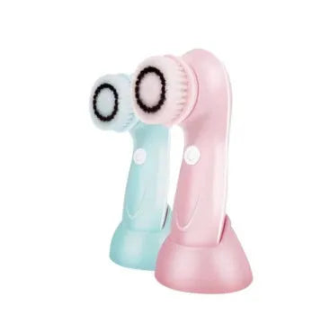 Rechargeable waterproof electric face brush in blue on a white background with USB charging cable