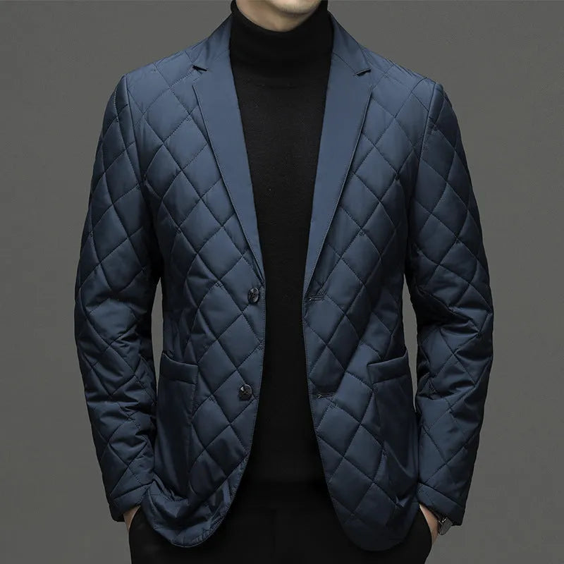 Men's winter down jacket with lapel collar in solid colour with side seam pockets