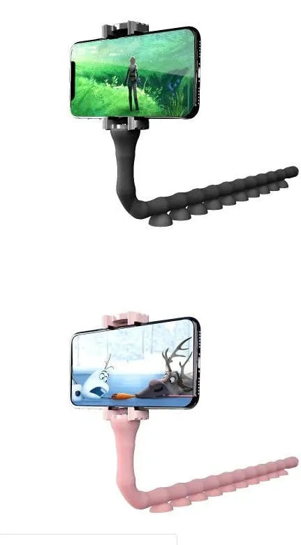 Black flexible rubber phone holder with suction cup base bent into an L-shape