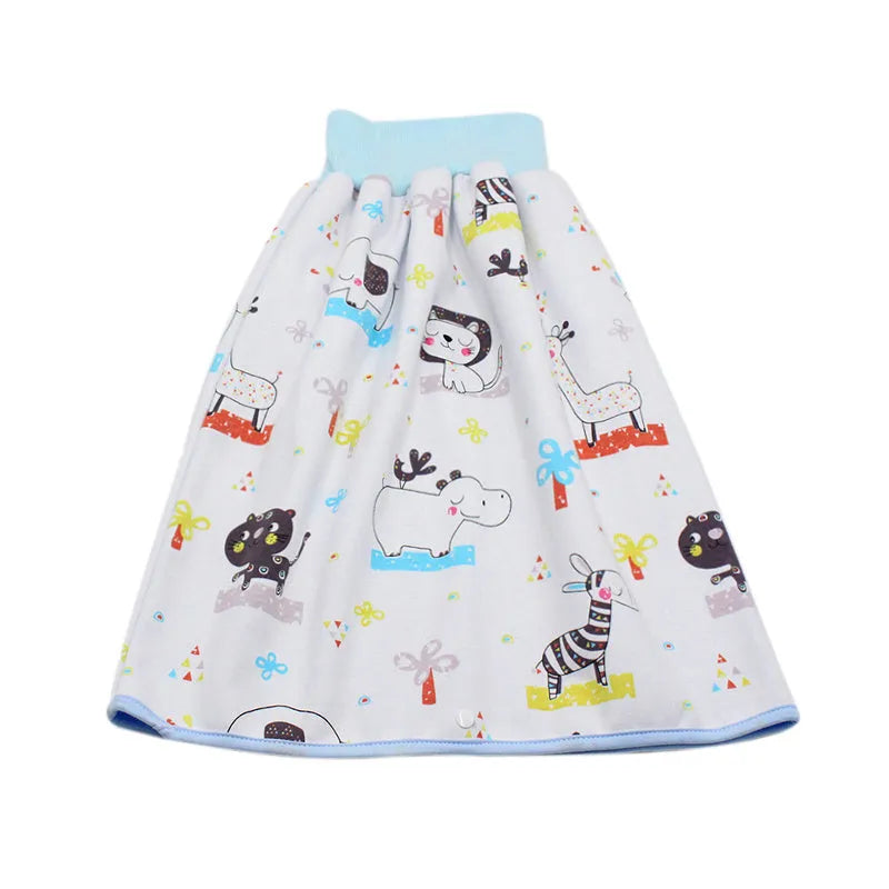 Baby girl wearing a multi-colour waterproof cotton diaper skirt with elastic waistband for belly protection