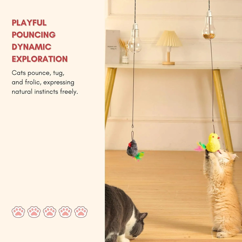Grey and yellow interactive cat teaser toy with retractable rope, treat bulb, and dangling mouse, hanging from a door frame.
