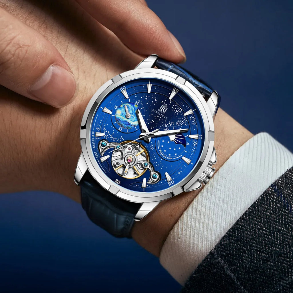 Men's blue dial automatic mechanical watch with metal bracelet showing time display