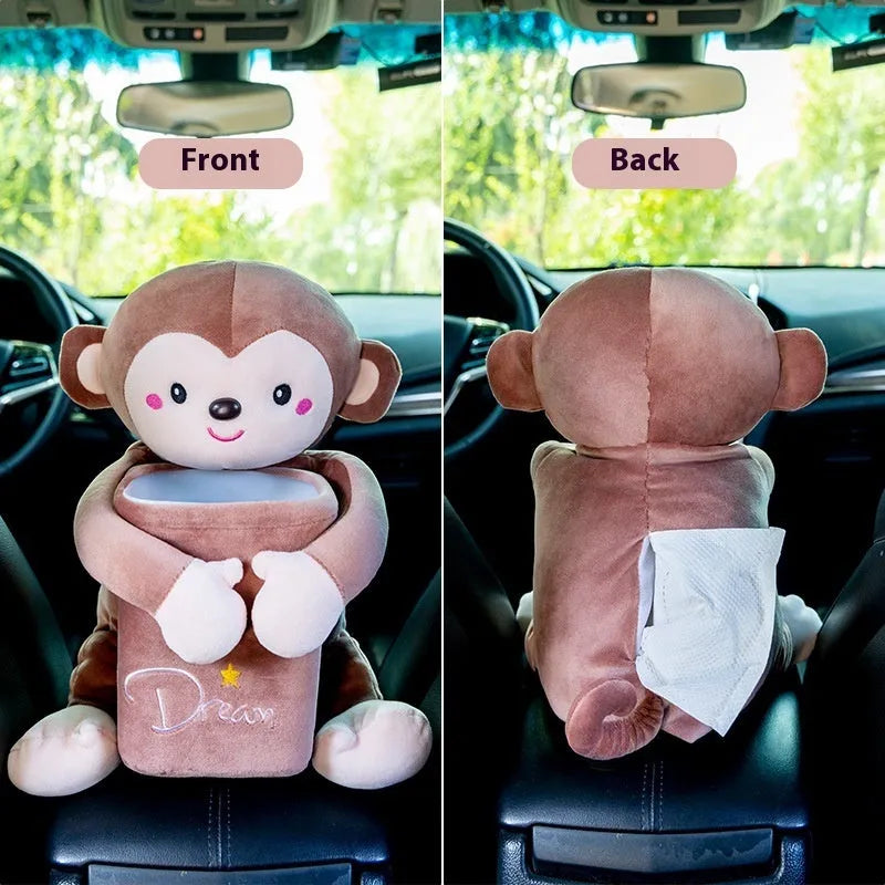 Plush multifunctional car tissue box in monkey design for armrest, 30x27cm
