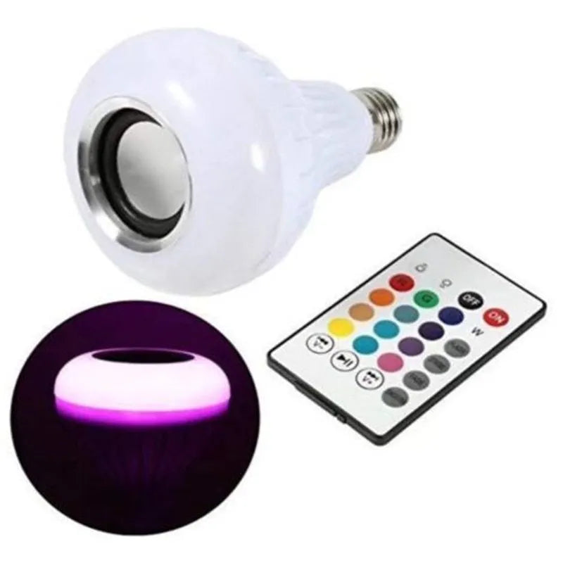 White E27 Bluetooth speaker light bulb with remote control for colour changing illumination