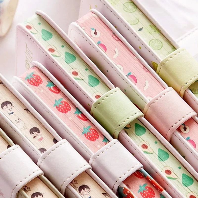 Fruit print notebook planner with magnetic buckle, imitation leather cover, and colourful kawaii illustration of fruit