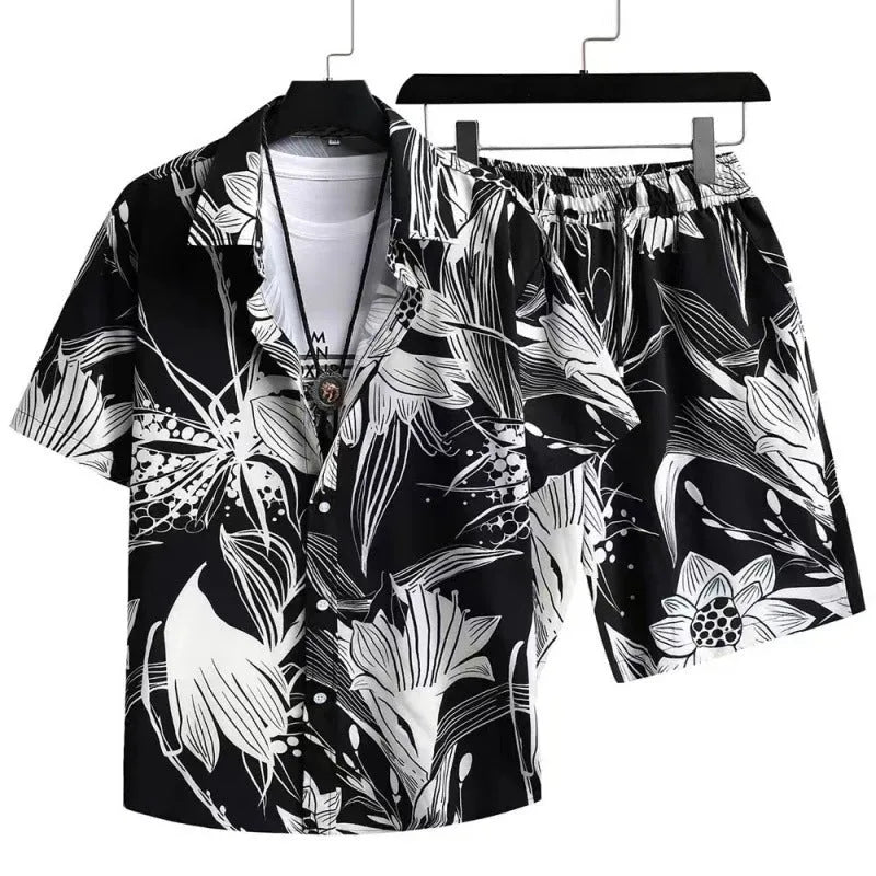 Men's light blue digital print short sleeve cardigan and shorts casual suit set.