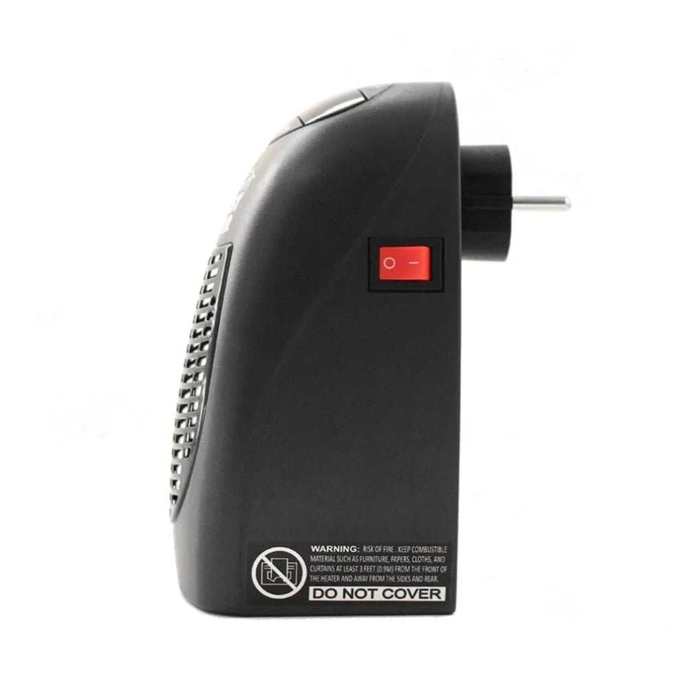 Black mini ceramic electric heater with digital display and a rotating plug on a white background.
