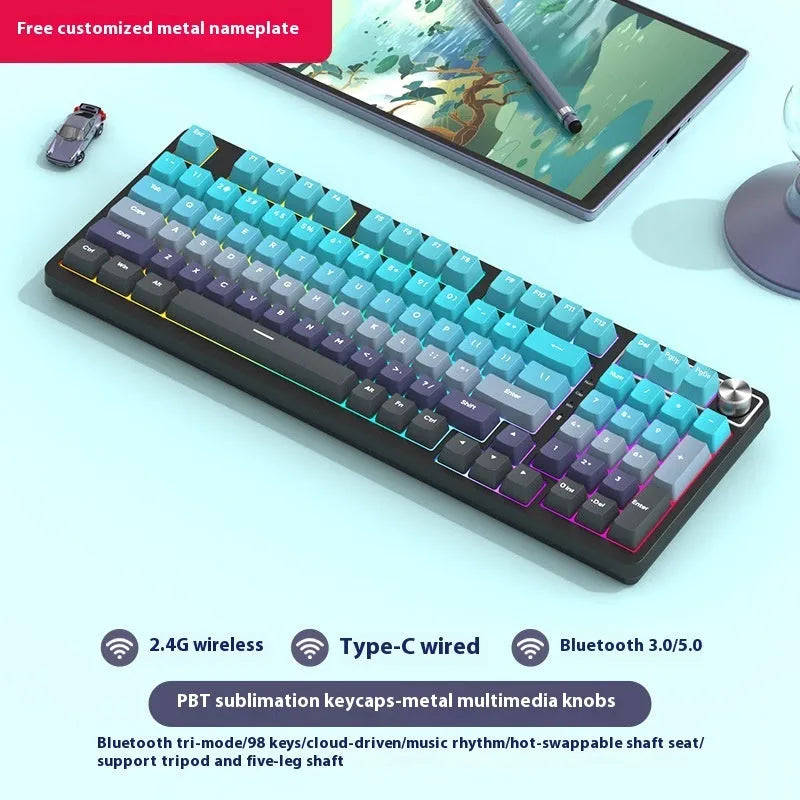 98-key wireless Bluetooth mechanical keyboard kit with metal knob and multiple colour background options
