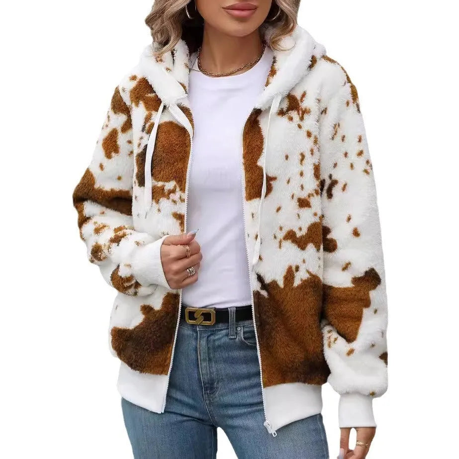 Yellow brown cow print women's hooded cardigan jacket with a full front zipper.