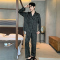 Men's black stripes ice silk V-neck pajama set with long sleeves and trousers