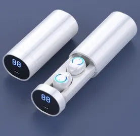 Wireless dual ear Bluetooth headset in black with magnetic charging case showing battery level display