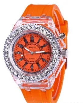 Women's LED luminous quartz watch with round 43mm dial and silicone strap in various colours