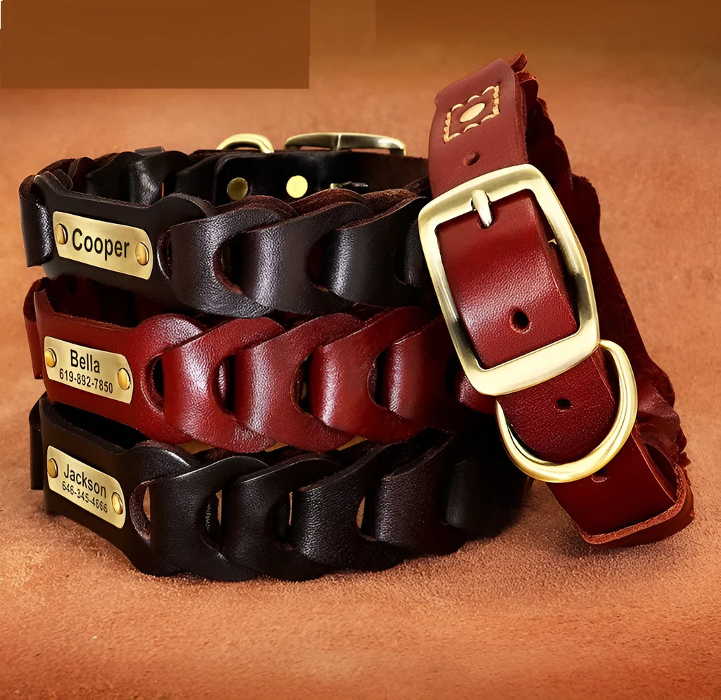 Braided cowhide leather dog collar in Dark Brown colour, with zinc alloy buckle, on a neutral background