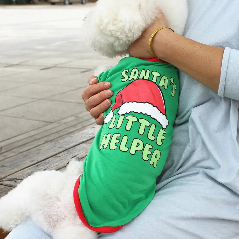 Christmas teddy dog outfit in red and green polyester fabric with festive pattern