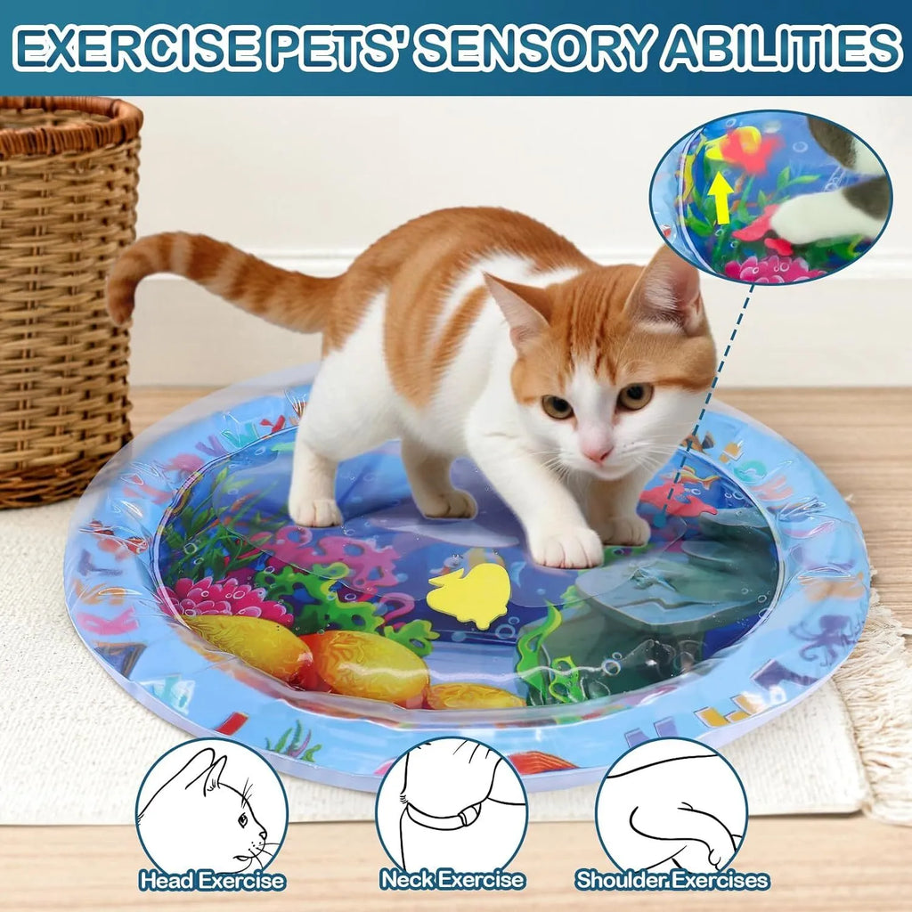 Square blue water playmat for cats and dogs with floating fish toys inside.