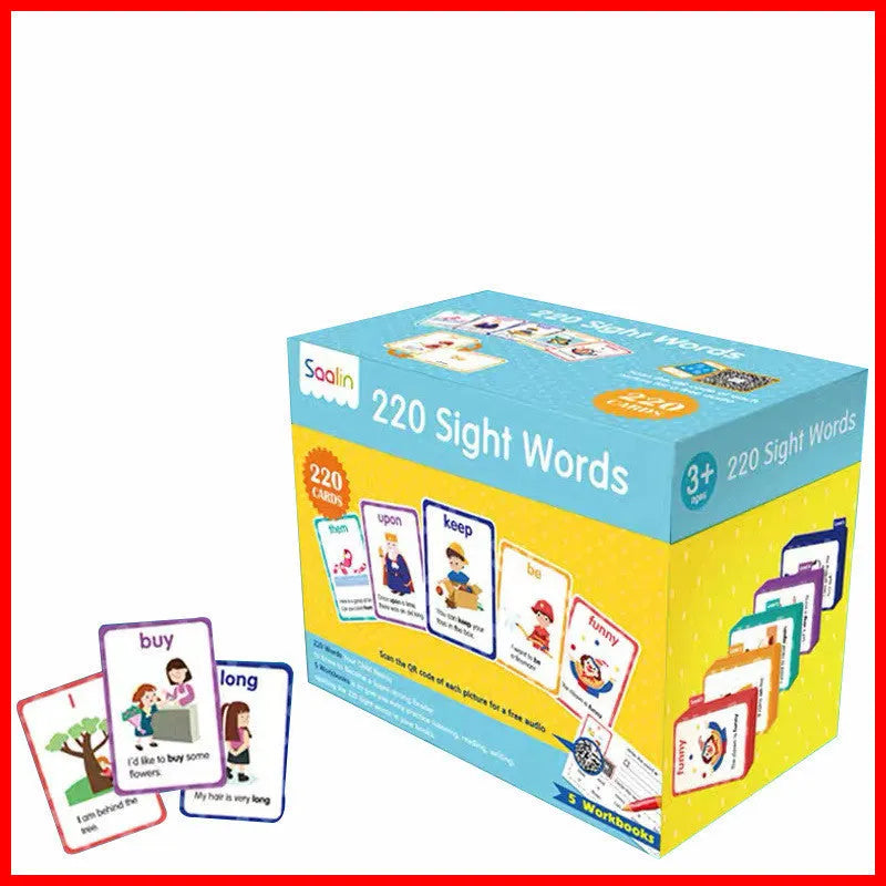 Early learning flashcard set showing 220 high frequency word cards and five phonics workbooks for age 3+.