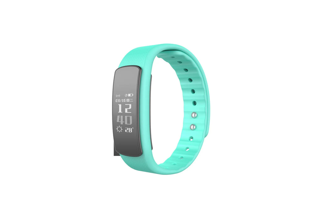 I6 smart sports bracelet with 0.96-inch touchscreen display on wrist showing health metrics
