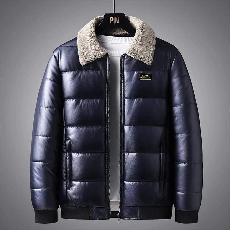 Men's thickened PU leather winter jacket with lapel collar in black, shown front view on model