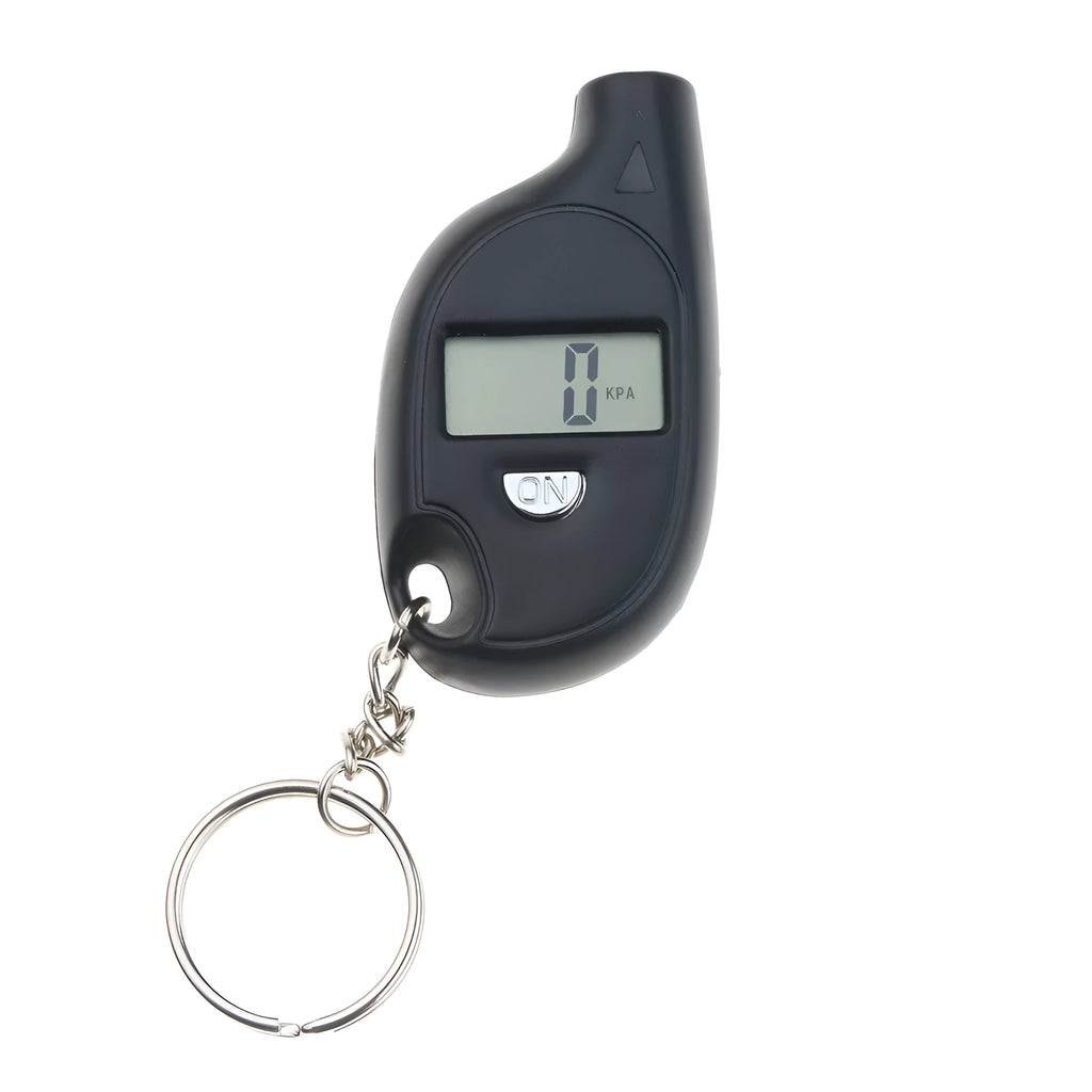 Black ABS keychain tire pressure gauge with LCD screen on keyring