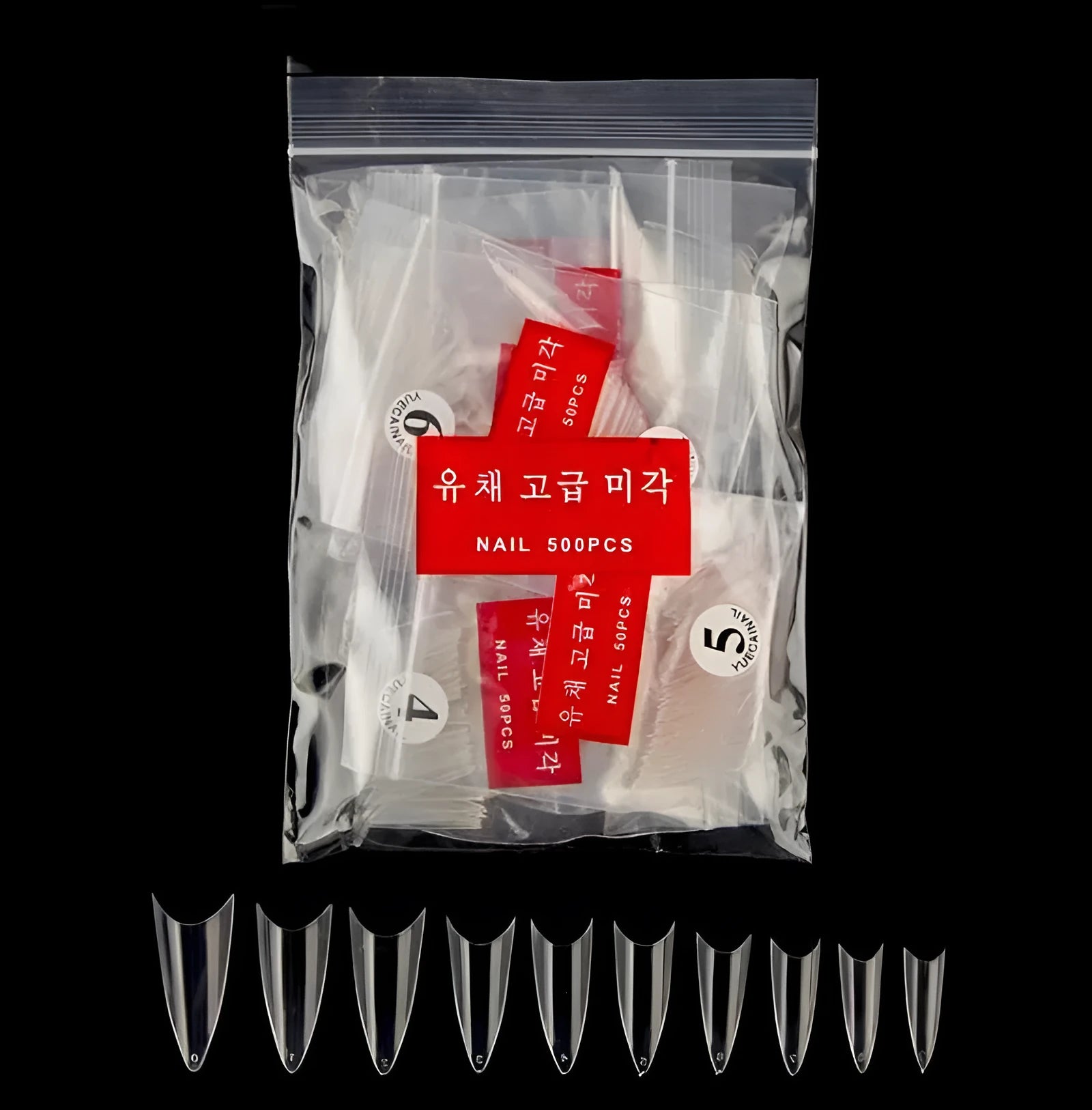 500 natural fake nail tips ABS half-tip pointed shape 10 sizes 7-13mm width