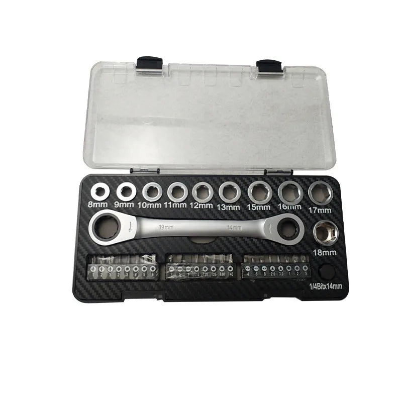Dual-purpose ratchet wrench set with handle, ten sockets, and three bit heads arranged on a workbench.