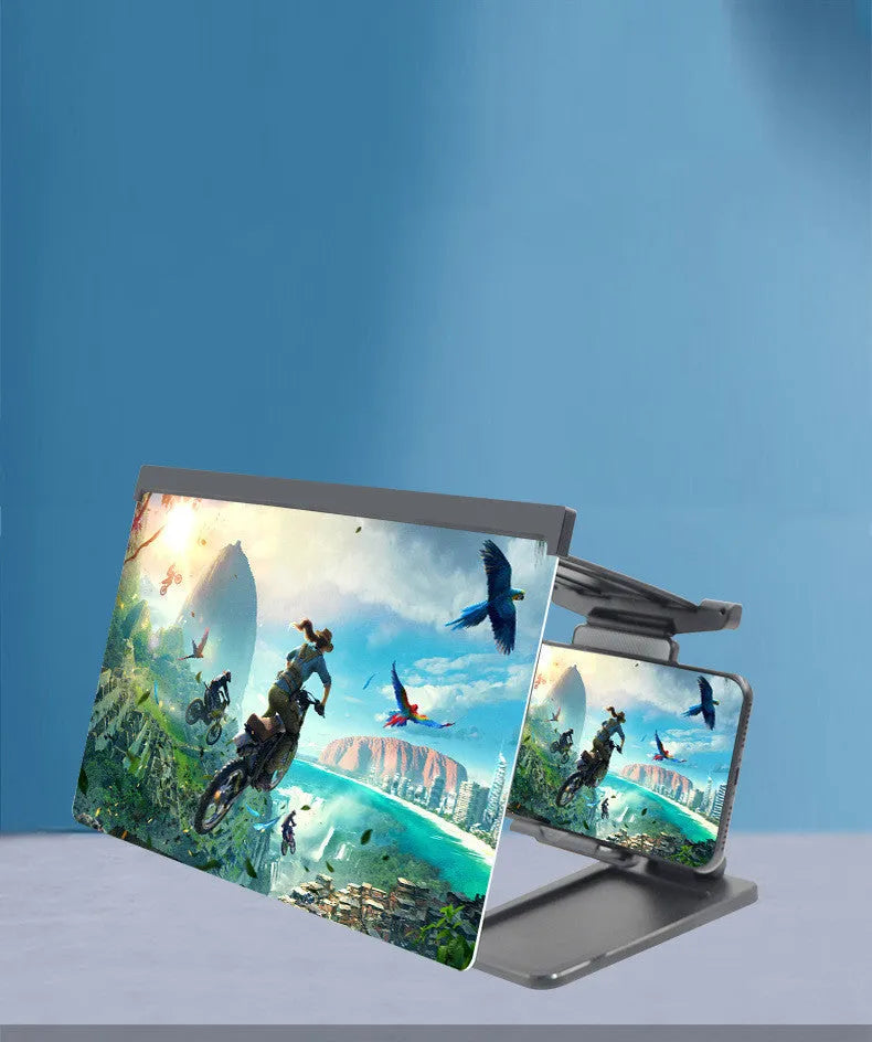 Black folding mobile phone screen amplifier with detachable holder showing 12 inch curved display