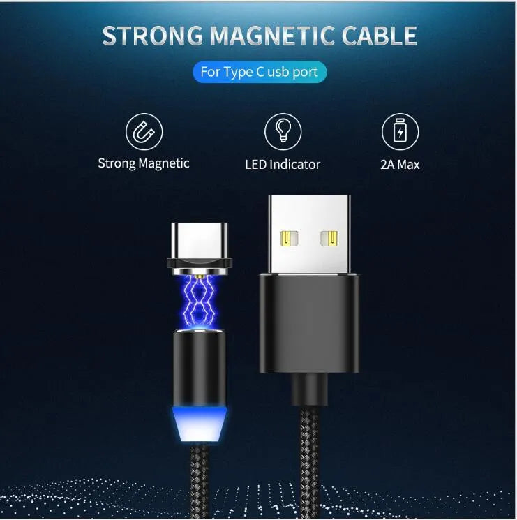 Black magnetic LED charging cable with cotton yarn weave and aluminium connectors