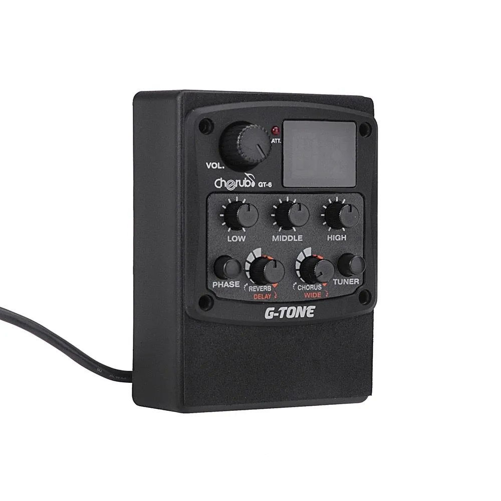 Cherub GT-6 black acoustic guitar preamp with EQ and effects knobs mounted in a guitar soundhole.