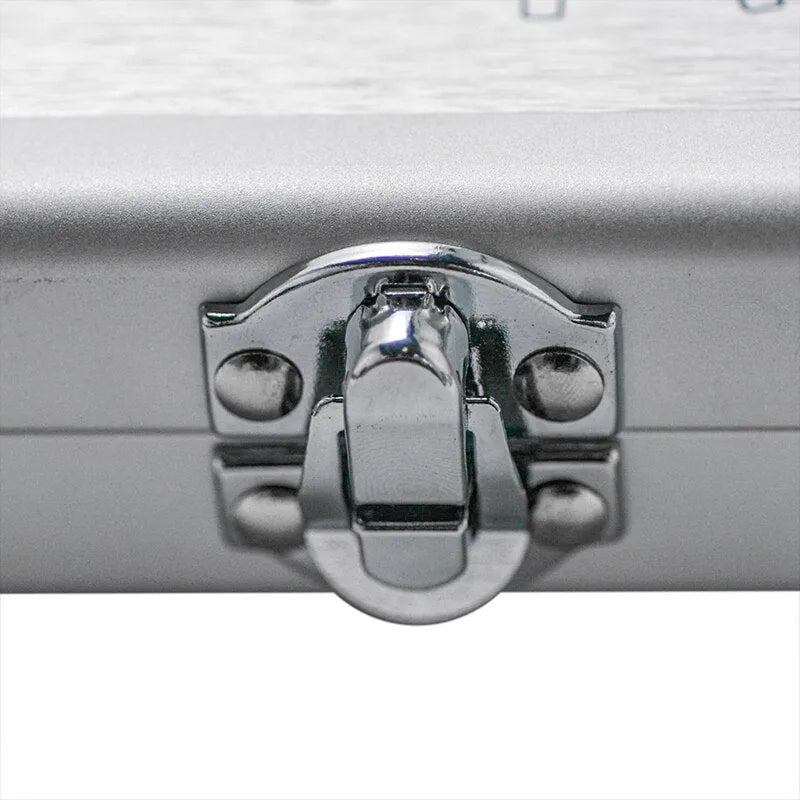 Silver aluminium storage box for soldering irons with compact dimensions