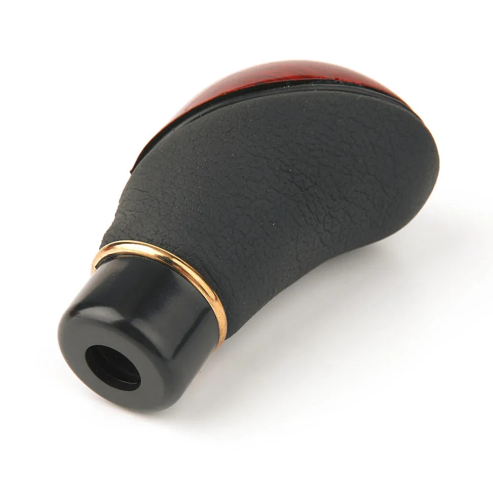 PU leather manual gearshift cover in black with imitation mahogany detailing on a round gearstick