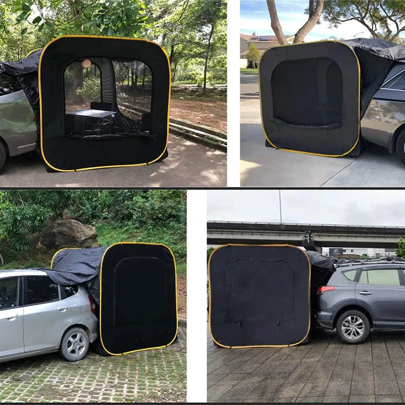 Black pop-up car tail tent with steel frame and waterproof Oxford cloth unfolded to 200cm cubic dimensions