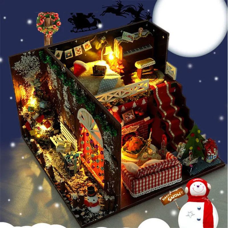 DIY Christmas cottage miniature house kit with LED lights, wood construction, cabin style, 22 x 20.5 x 13.7 cm
