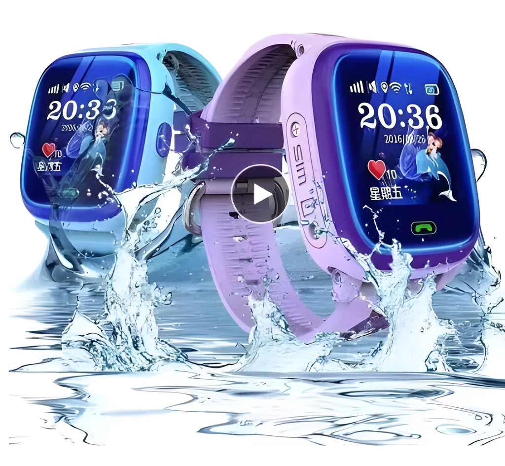 Blue children's waterproof smart watch with touch screen display and silicone wristband showing GPS tracking interface