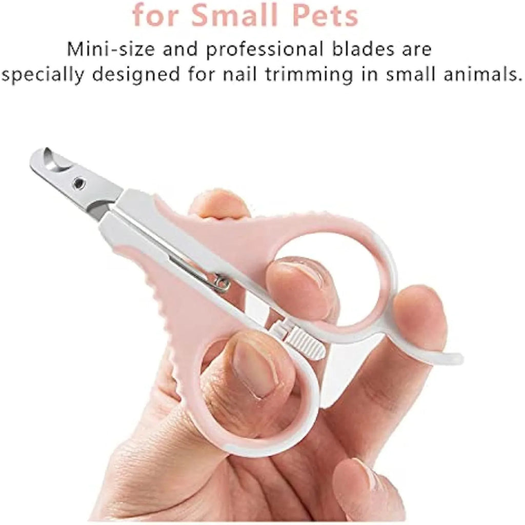 Grey and pink stainless steel cat nail clippers with angled blade and safety lock