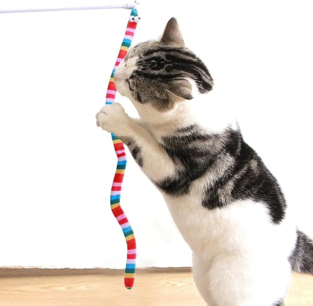 Cat wand toy with colourful plush strip attached to polycarbonate pole, shown in green colour option
