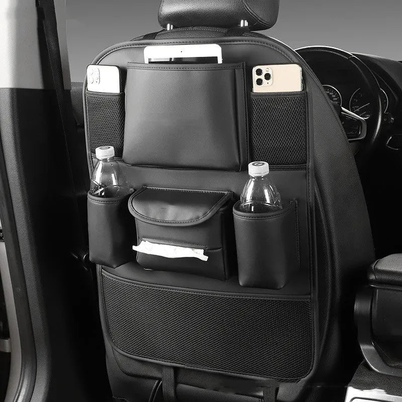Leather car seat back storage bag in hanging design available in four colours