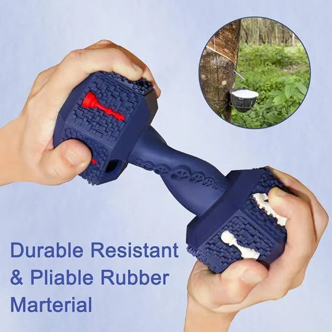 Black hollow dumbbell-shaped dog chew toy with textured ends on a plain background.